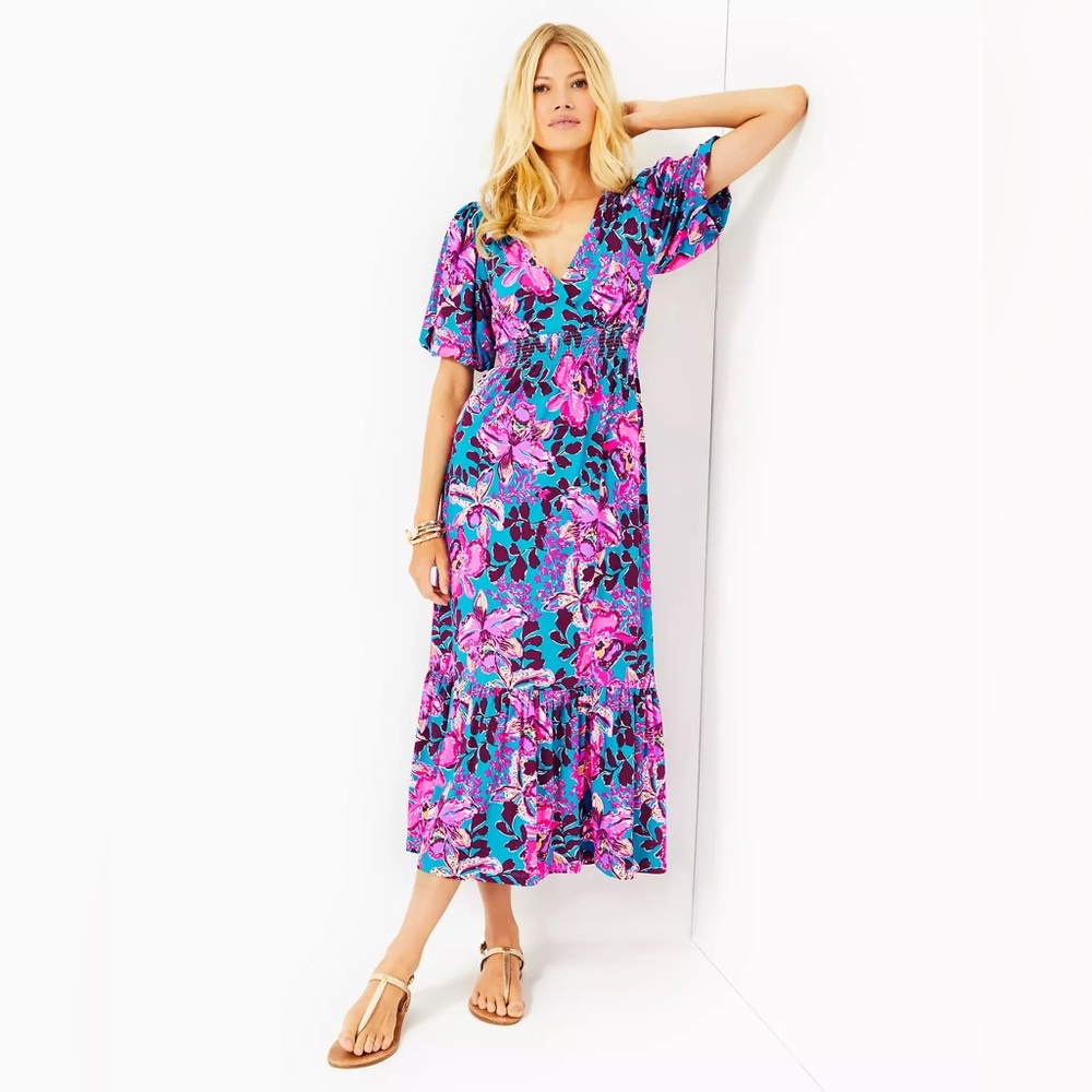 NWT LILLY PULITZER HOLLOWAY ELBOW SLEEVE MIDI DRESS XL 💗💙💜